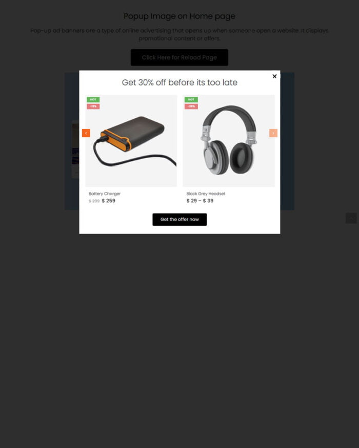 Popup for ecommerce product